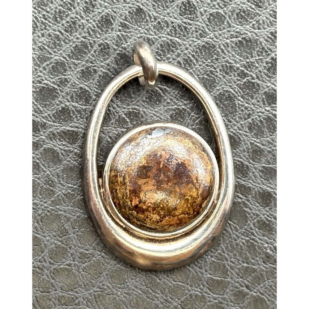Vintage Signed Modernist Bronzite Sterling Silver Pendant Necklace